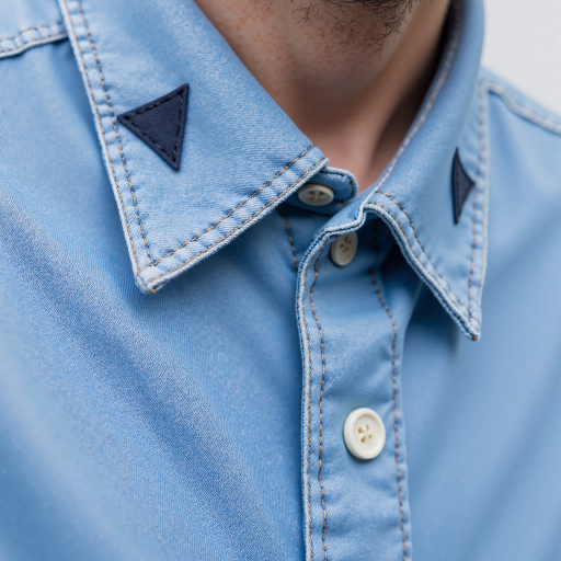 四十岁左右男性头像，穿蓝色衬衫，白色背景